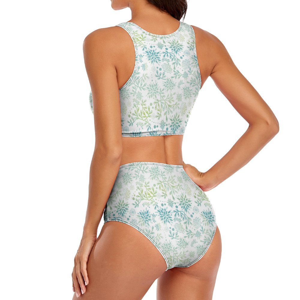 High-Waist Asymmetrical Shoulder Bikini - Seaweed