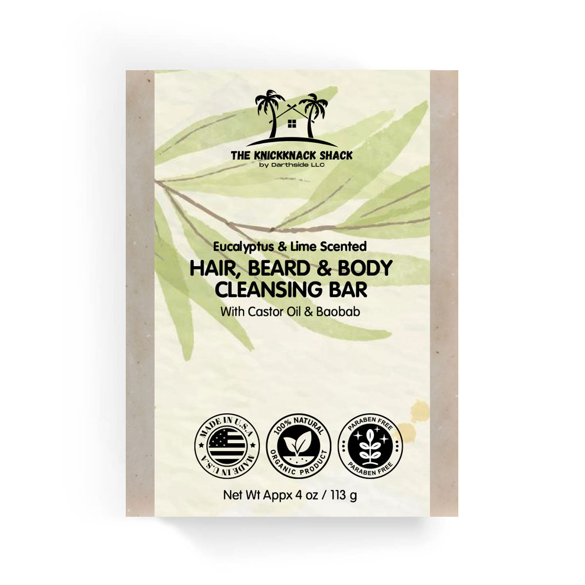 Barre nettoyante cheveux, barbe et corps parfumée à l'eucalyptus et au citron vert avec de l'huile de ricin et du baobab
