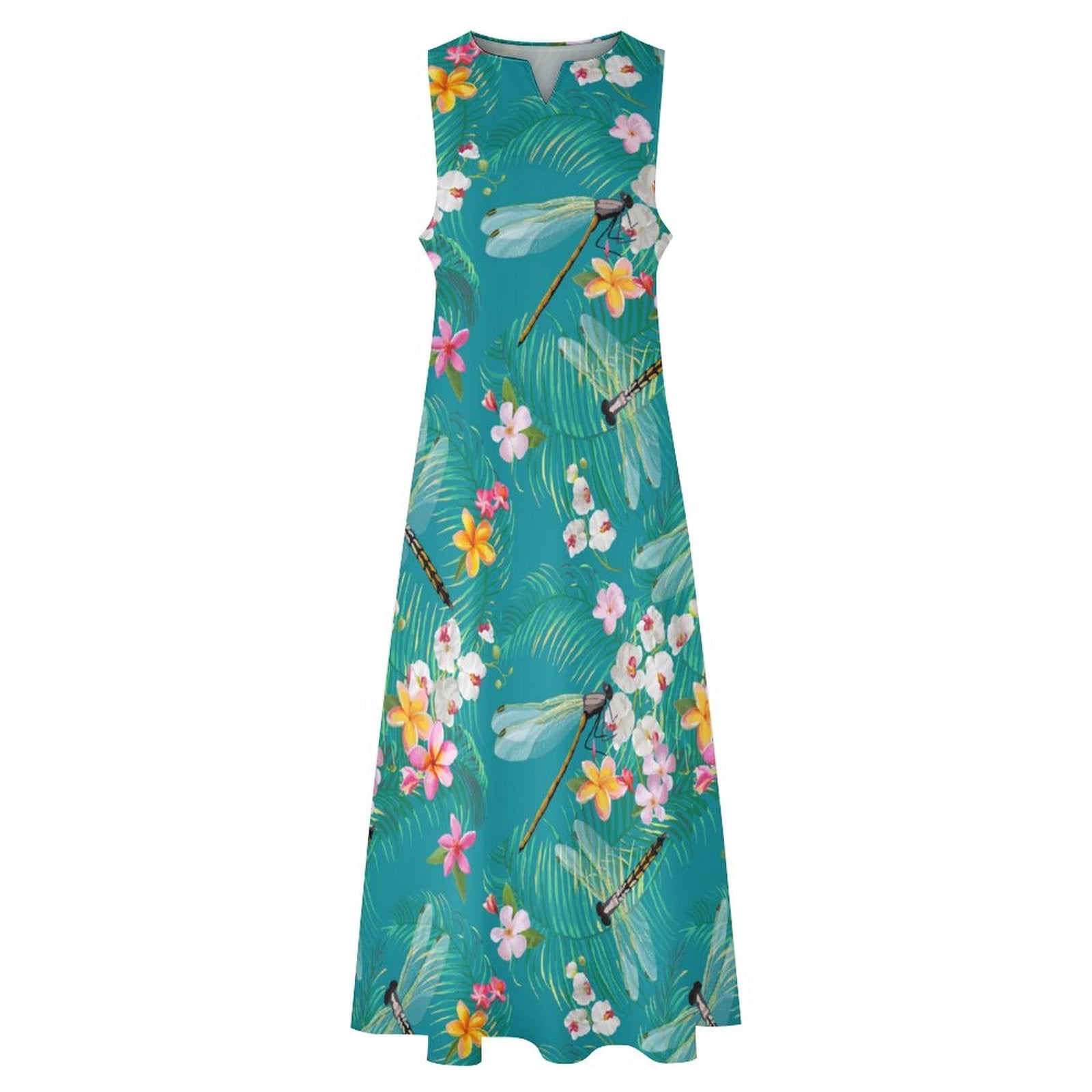 Sleeveless Ankle-Length Shift Dress - Tropical Dragonflies