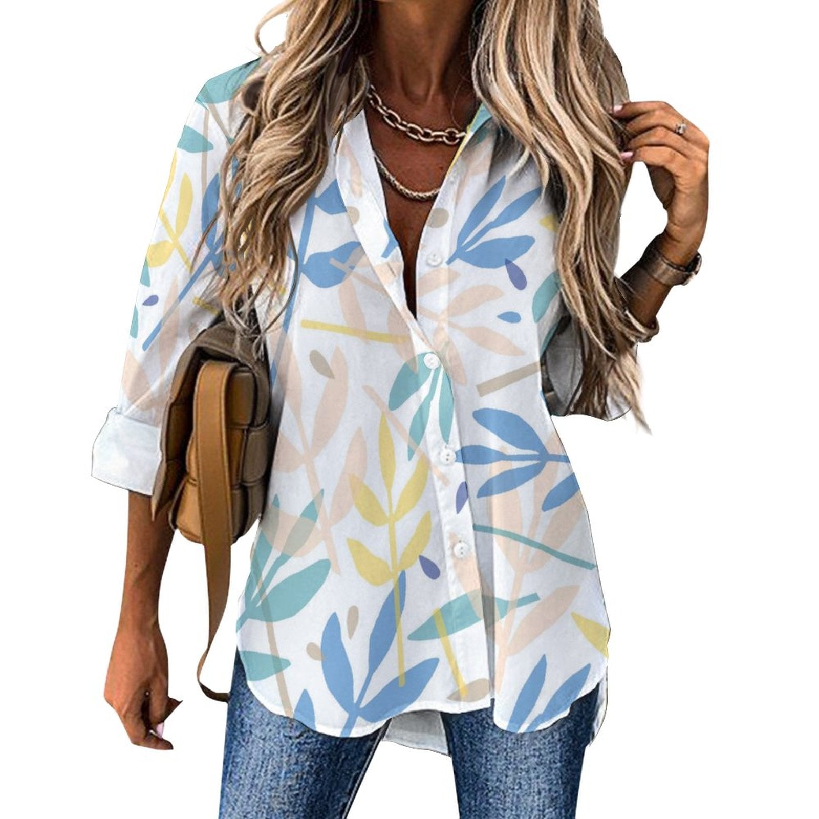 Women's Irregular Hem Button-Up Shirt - Botanicals in Blue