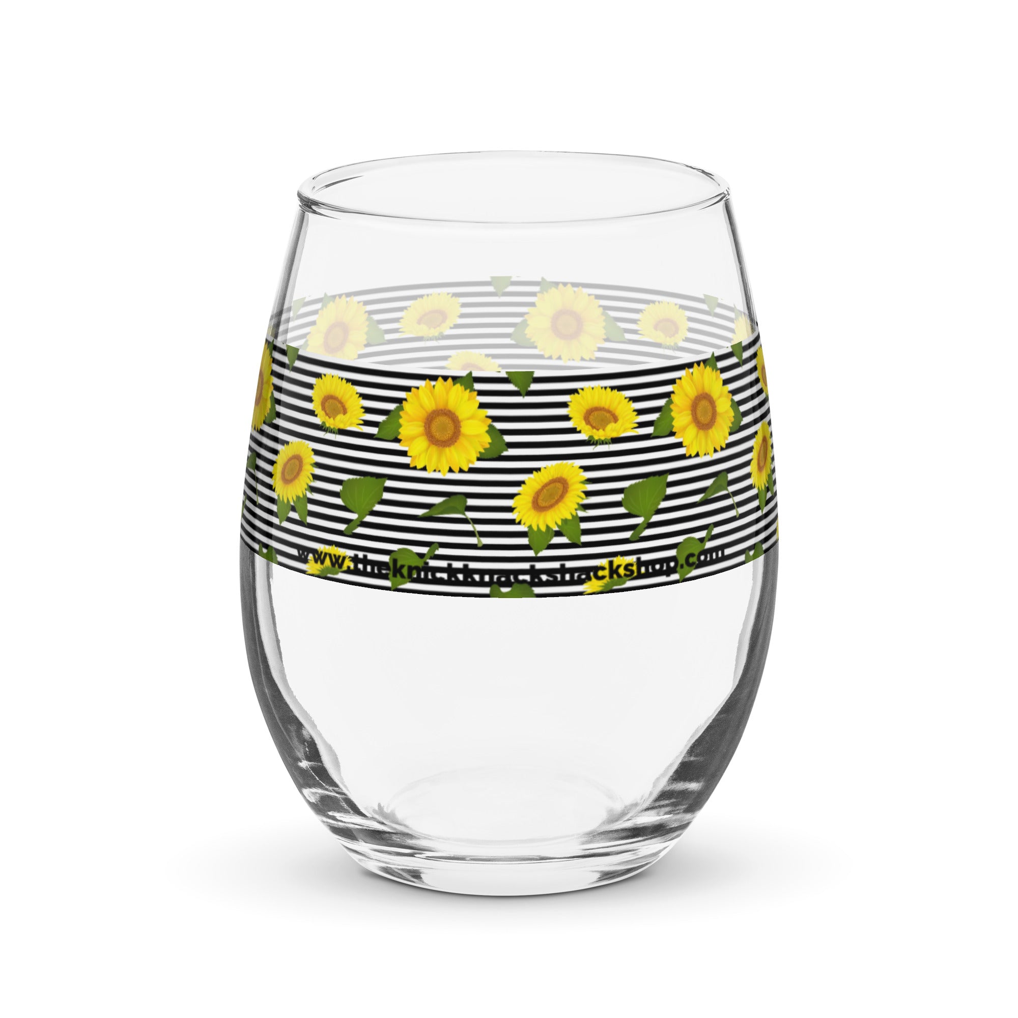 Stemless Wine Glass (15oz) - Sunflowers on Stripes