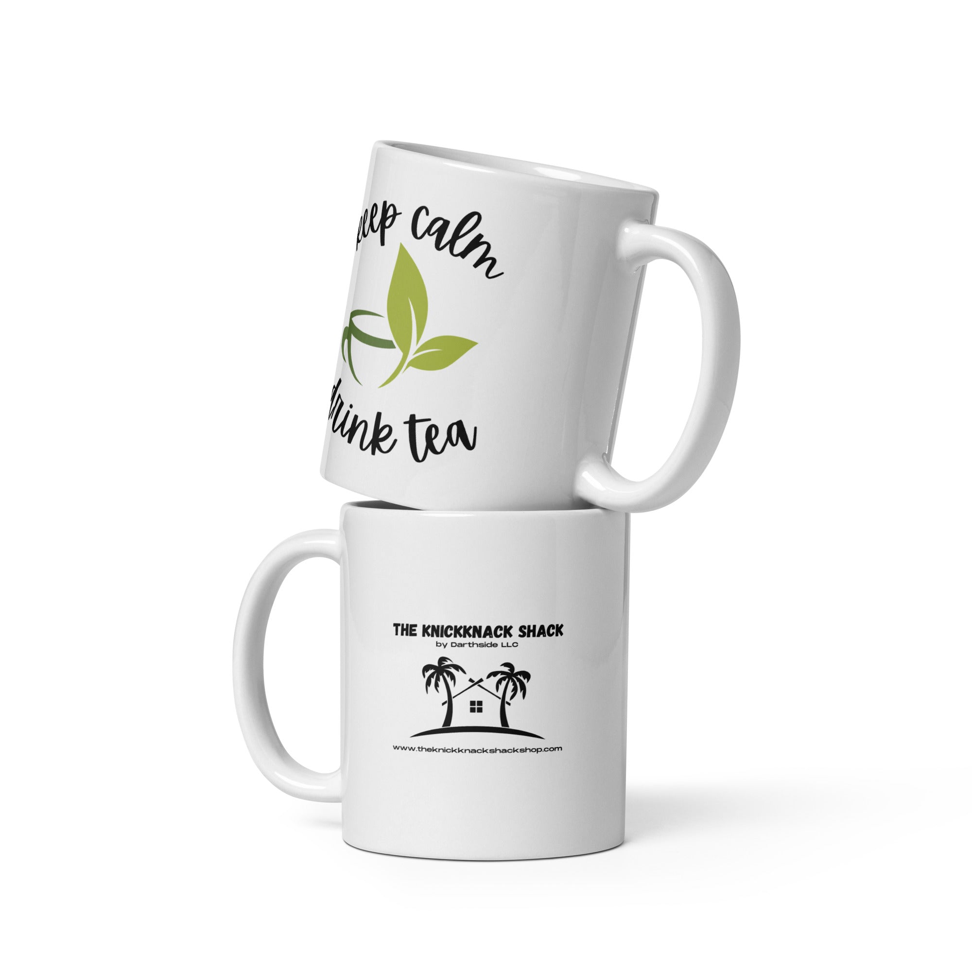 Tasse blanche brillante – Gardez votre calme, buvez du thé (main en L)