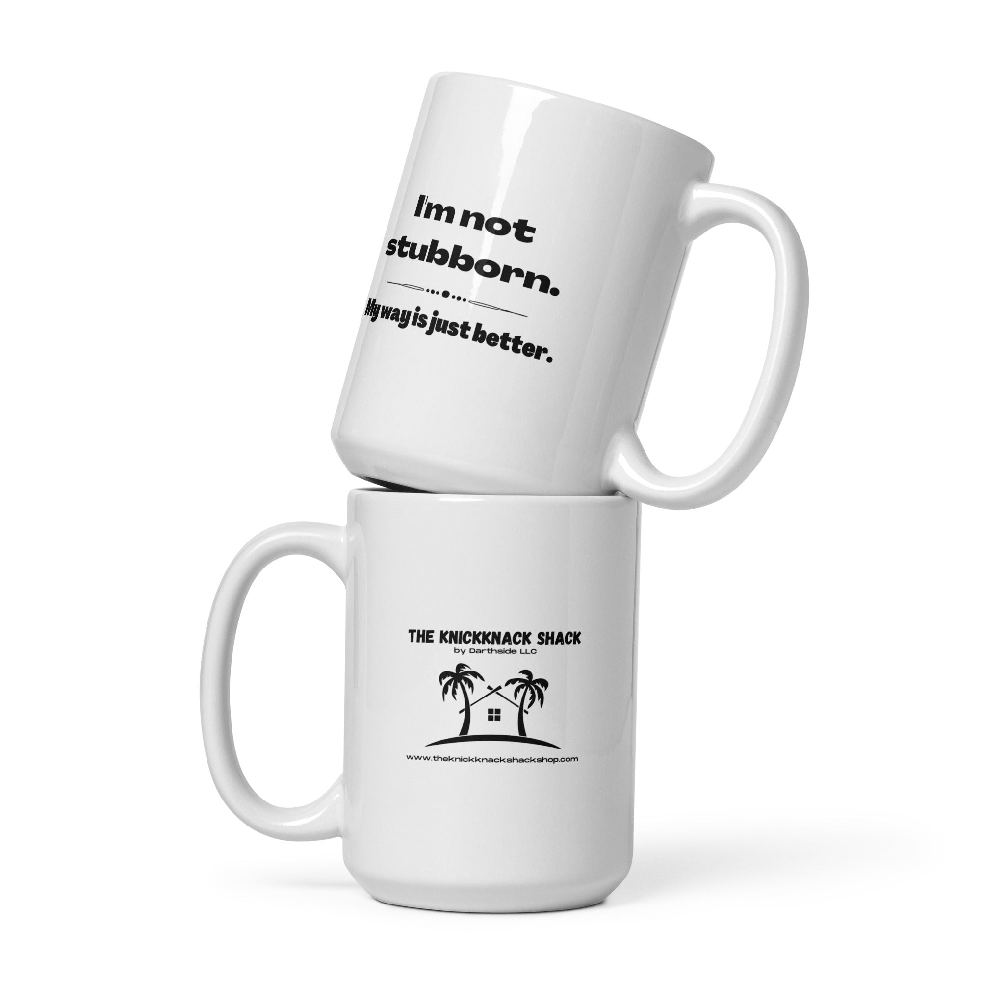 Mug blanc brillant – Pas têtu (main en L)