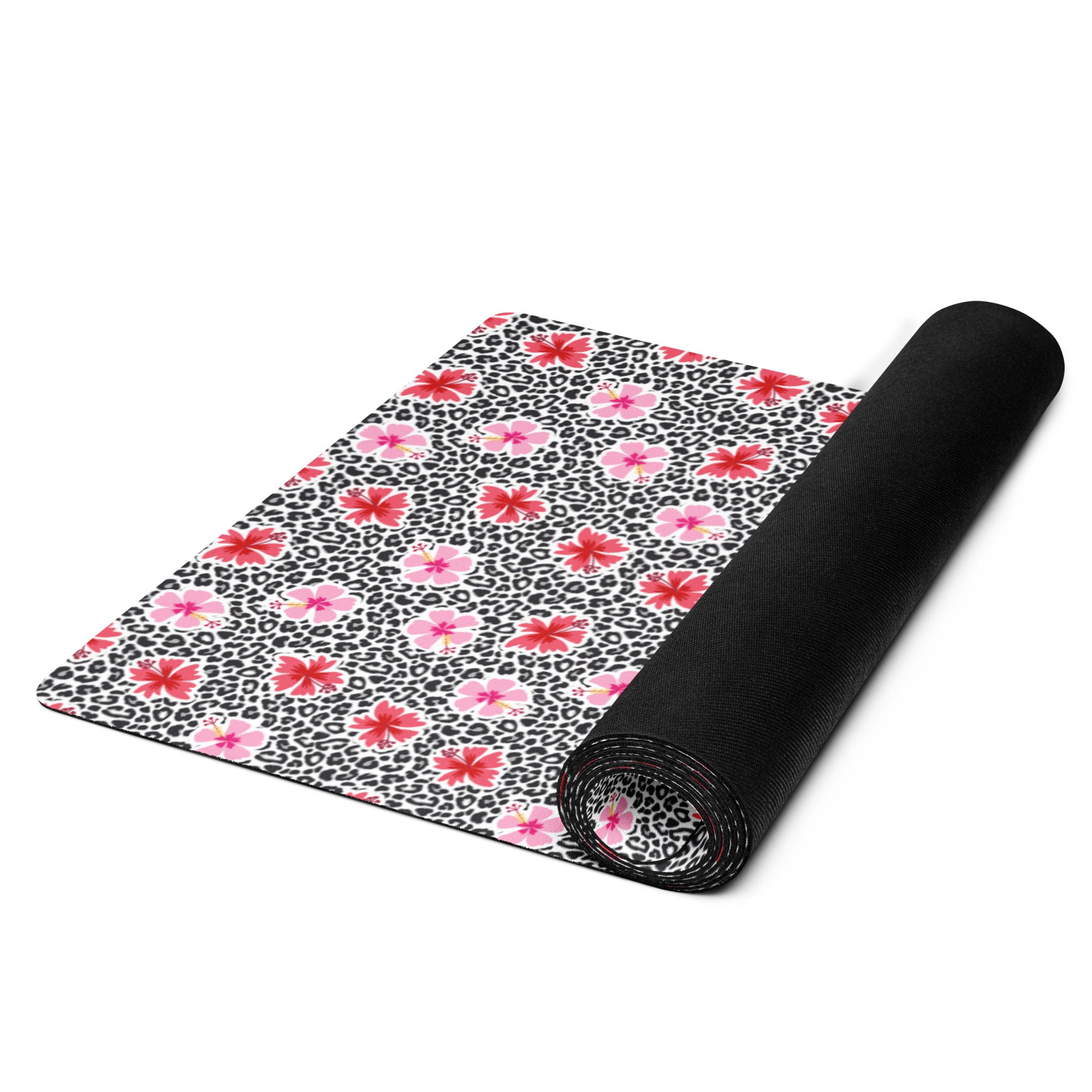 3mm Yoga Mat with Carrying Strap - Hibiscus & Leopard