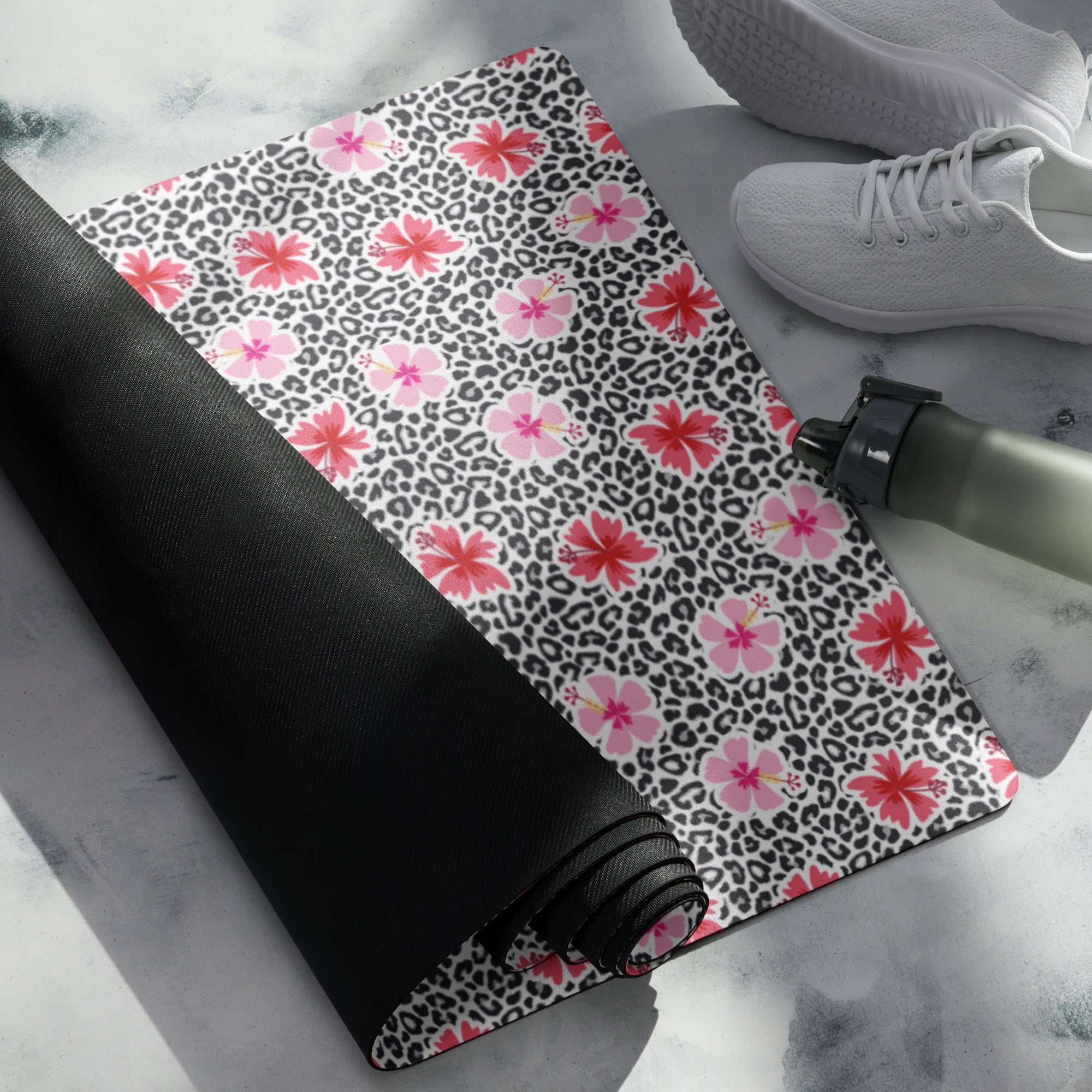 3mm Yoga Mat with Carrying Strap - Hibiscus & Leopard